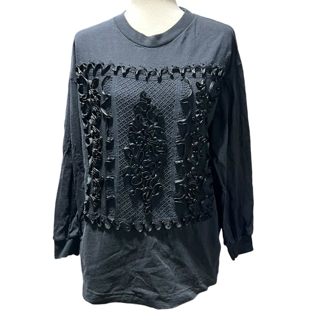 Kizulia Vintage Shirt Black Lace and Ribbon Appliqué Feminine Size Large 3D Goth